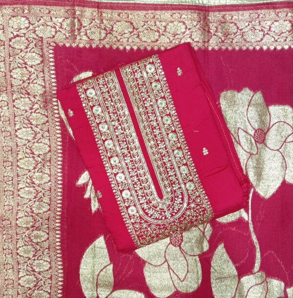 Magenta Faux Georgette Semi Stitched Dress Material with Embroidered Dupatta by Trends Designer Wear