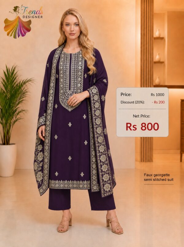 Purple faux georgette semi stitched dress material with embroidered neckline and embroidered dupatta by Trends Designer Wear