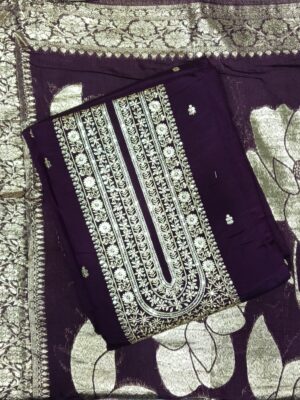 Purple faux georgette semi stitched dress material with embroidered neckline and embroidered dupatta by Trends Designer Wear