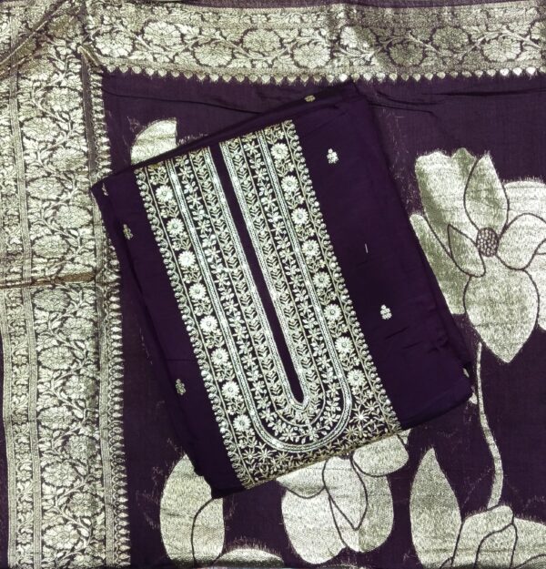 Purple faux georgette semi stitched dress material with embroidered neckline and embroidered dupatta by Trends Designer Wear