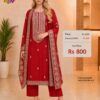 Red faux georgette semi stitched dress material featuring embroidered neckline and matching embroidered dupatta by Trends Designer Wear