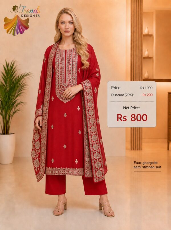Red faux georgette semi stitched dress material featuring embroidered neckline and matching embroidered dupatta by Trends Designer Wear
