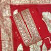 Red faux georgette semi stitched dress material featuring embroidered neckline and matching embroidered dupatta by Trends Designer Wear.
