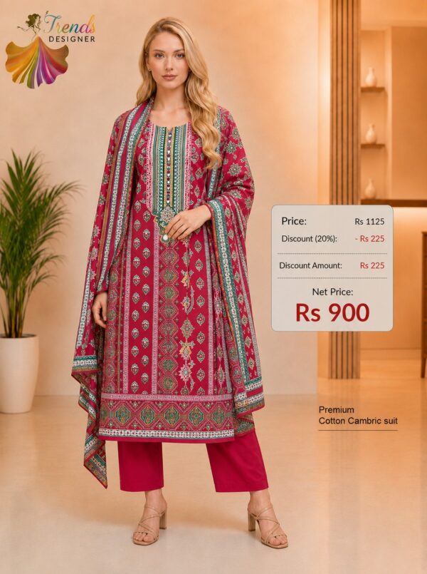 Premium Cotton Cambric Printed Pink Dress Material for Women with Matching Dupatta