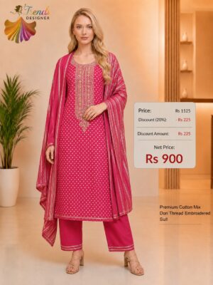 Premium Cotton Mix Dori Thread Embroidered Dress Material for Women – Pink
