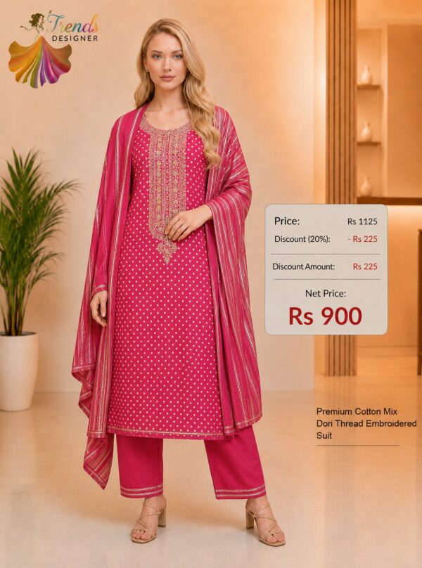 Premium Cotton Mix Dori Thread Embroidered Pink Dress Material for Women with Matching Dupatta