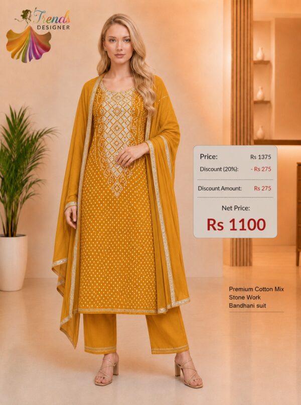 Premium Cotton Mix Stone Work Bandhani Mustard Yellow Dress Material for Women with Matching Dupatta