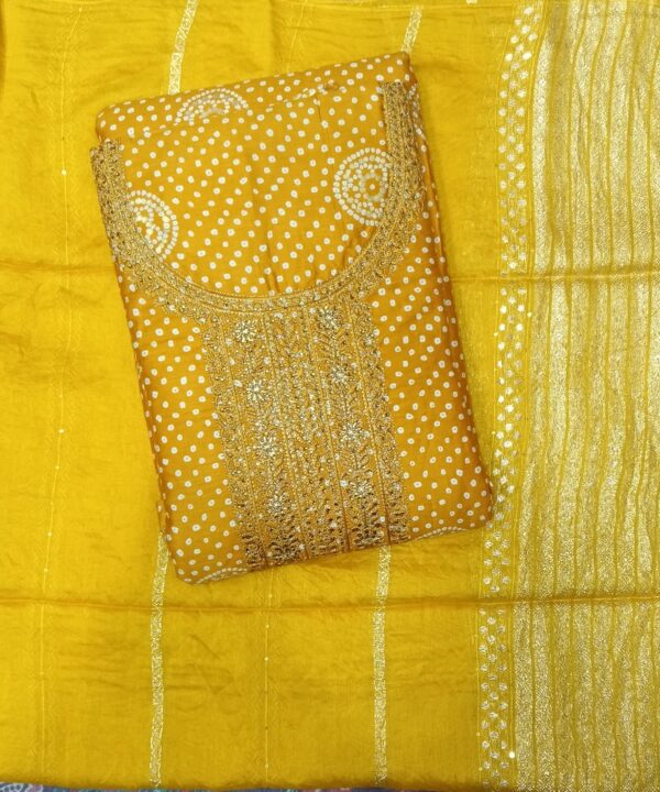 Premium Cotton Mix Stone Work Bandhani Mustard Yellow Dress Material for Women with Matching Dupatta
