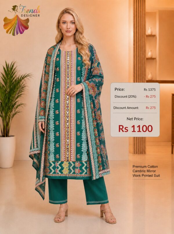 Premium Cotton Cambric Mirror Work Printed Green Dress Material for Women with Designer Dupatta