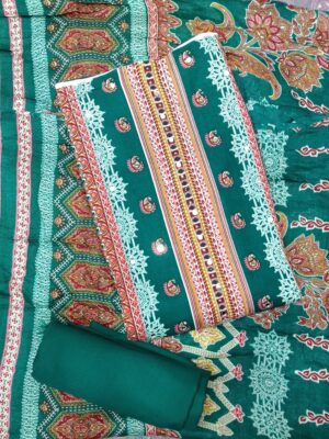 Premium Cotton Cambric Mirror Work Printed Green Dress Material for Women with Designer Dupatta