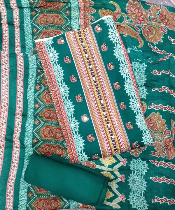 Premium Cotton Cambric Mirror Work Printed Green Dress Material for Women with Designer Dupatta
