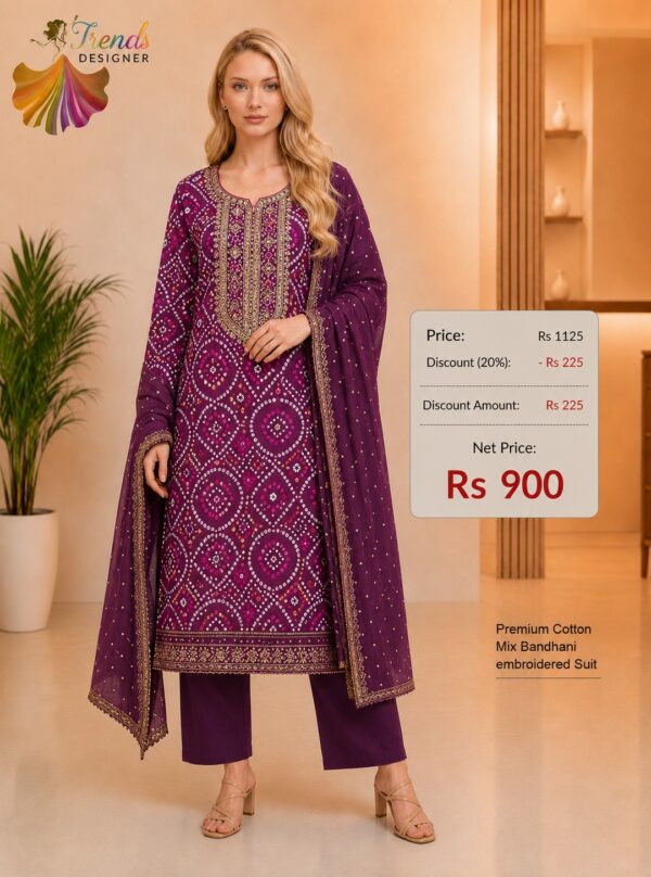 Premium Cotton Mix Bandhani Embroidered Purple Dress Material for Women with Matching Dupatta