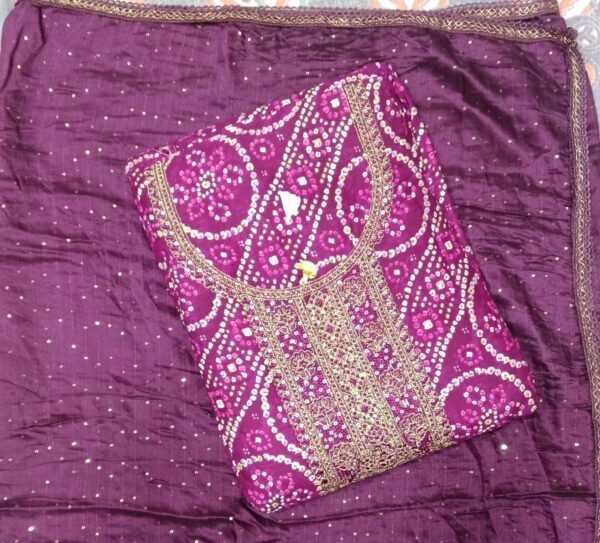 Premium Cotton Mix Bandhani Embroidered Purple Dress Material for Women with Matching Dupatta