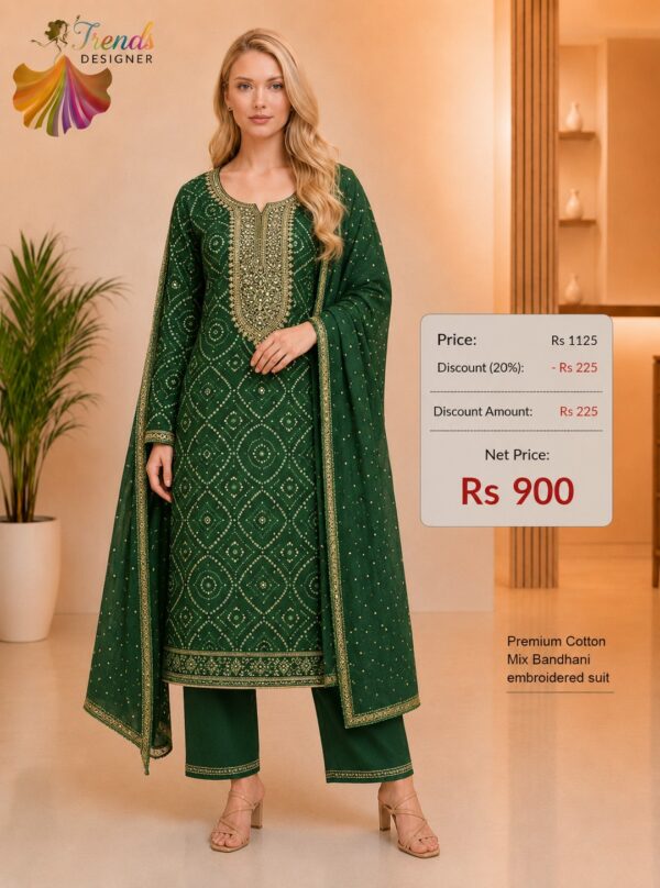 Premium Cotton Mix Bandhani Embroidered Green Dress Material for Women with Matching Dupatta