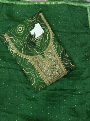 Premium Cotton Mix Bandhani Embroidered Green Dress Material for Women with Matching Dupatta