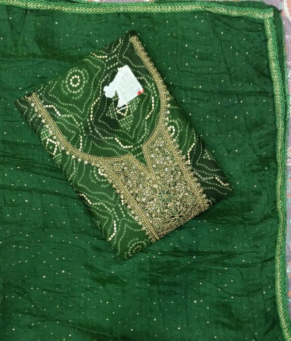 Premium Cotton Mix Bandhani Embroidered Green Dress Material for Women with Matching Dupatta