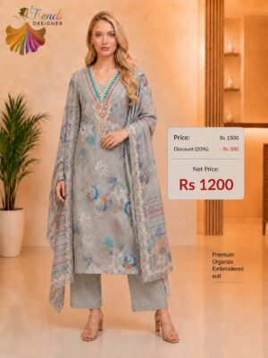 Premium Organza Embroidered Floral Dress Material – Grey | New Arrivals