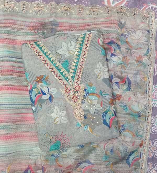 Premium Grey Organza Embroidered Dress Material with Floral Print and Matching Organza Dupatta by Trends Designer Wear