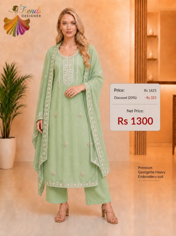 Premium Mint Green Georgette Heavy Embroidery Dress Material with Matching Embroidered Dupatta by Trends Designer Wear
