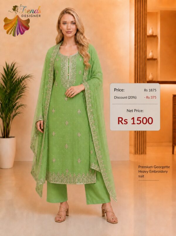 Premium Parrot Green Georgette Heavy Embroidery Dress Material with Matching Embroidered Dupatta by Trends Designer Wear