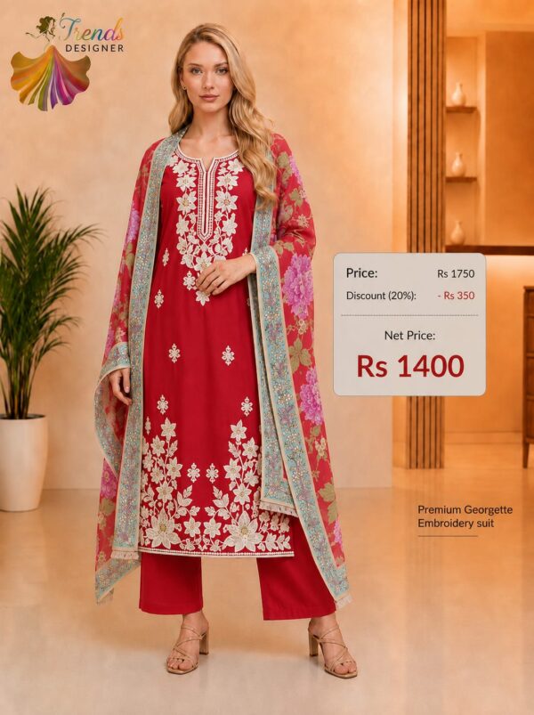 Premium Ruby Red Georgette Embroidered Dress Material with Printed Georgette Dupatta by Trends Designer Wear