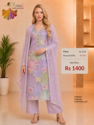 Premium Lavender Organza Embroidered Floral Dress Material for Women