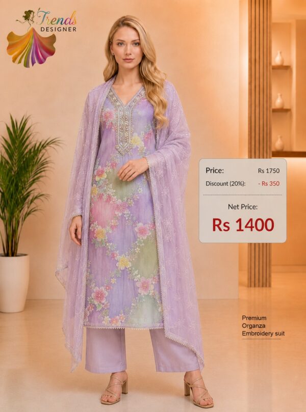 Premium lavender organza embroidered floral dress material with matching embroidered organza dupatta.