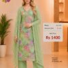 Premium green organza embroidered floral dress material with matching embroidered organza dupatta.