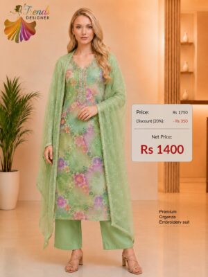 Premium Green Organza Embroidered Floral Dress Material for Women