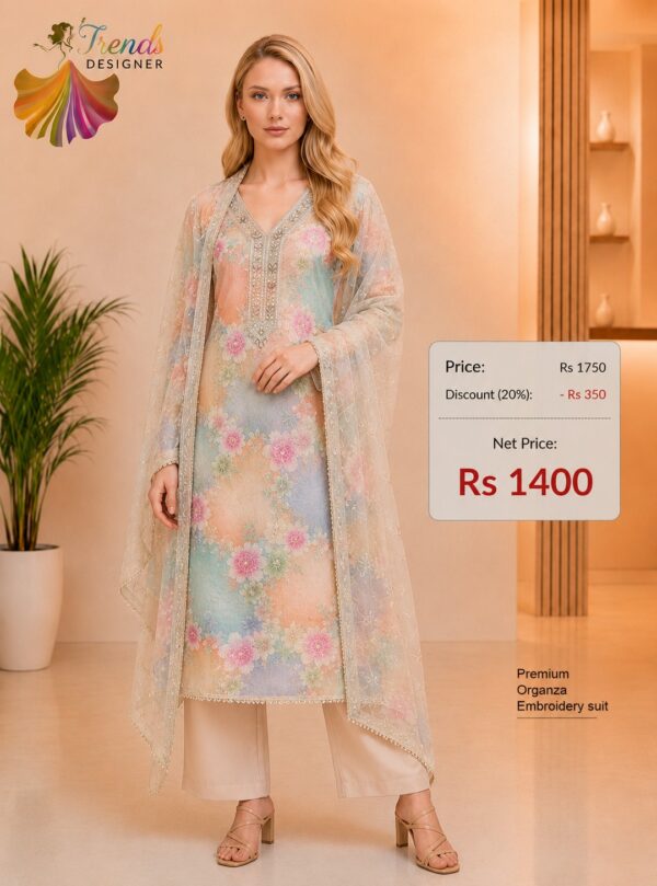 Premium Pastel Floral Organza Embroidery Dress Material with Matching Embroidered Organza Dupatta by Trends Designer Wear