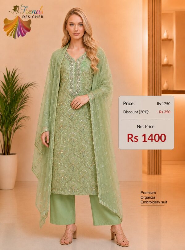 Premium sage green organza embroidered dress material with matching embroidered organza dupatta