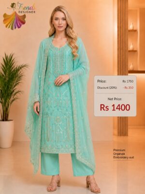 Premium Aqua Blue Organza Embroidered Dress Material for Women