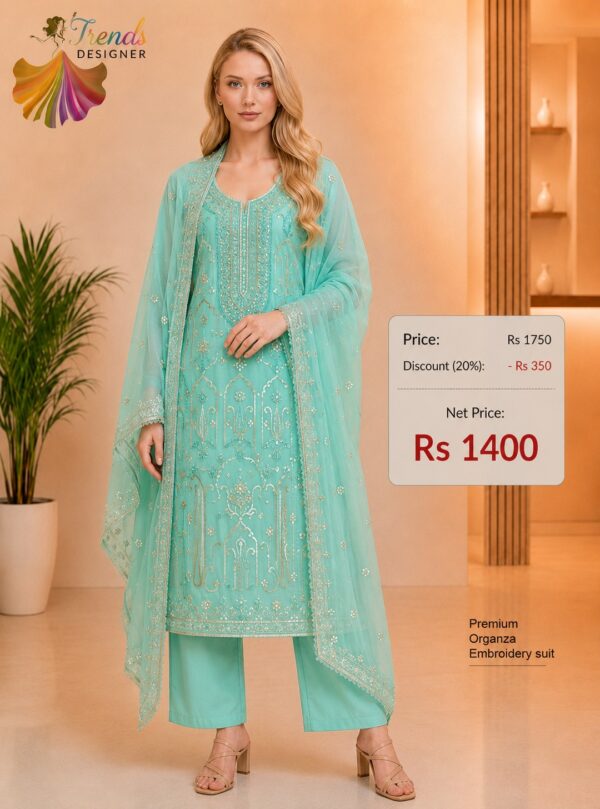 Premium aqua blue organza embroidered dress material with matching embroidered organza dupatta.