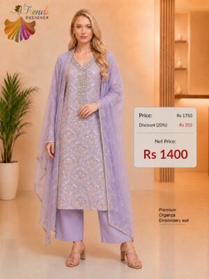 Premium Lavender Organza Embroidered Dress Material for Women