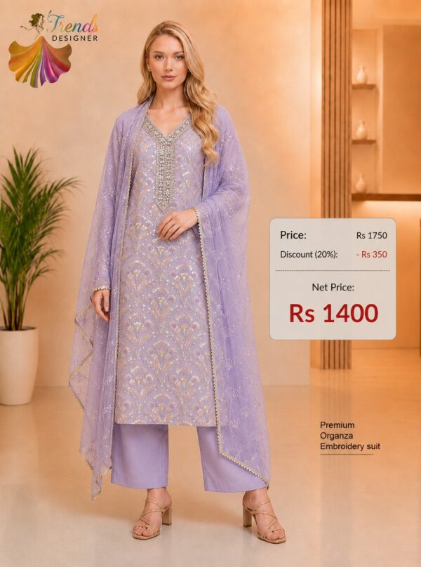 Premium lavender organza embroidered dress material with matching embroidered organza dupatta.