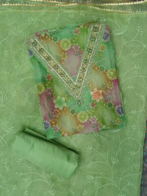 Premium green organza embroidered floral dress material with matching embroidered organza dupatta.