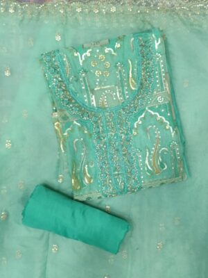 Premium aqua blue organza embroidered dress material with matching embroidered organza dupatta.