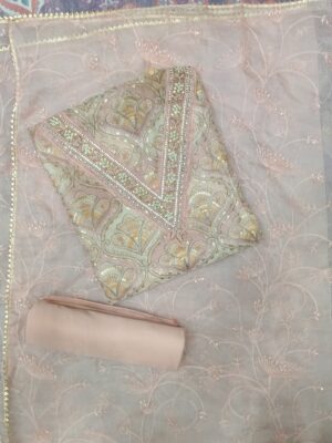 Premium grey organza embroidered dress material with matching embroidered organza dupatta.