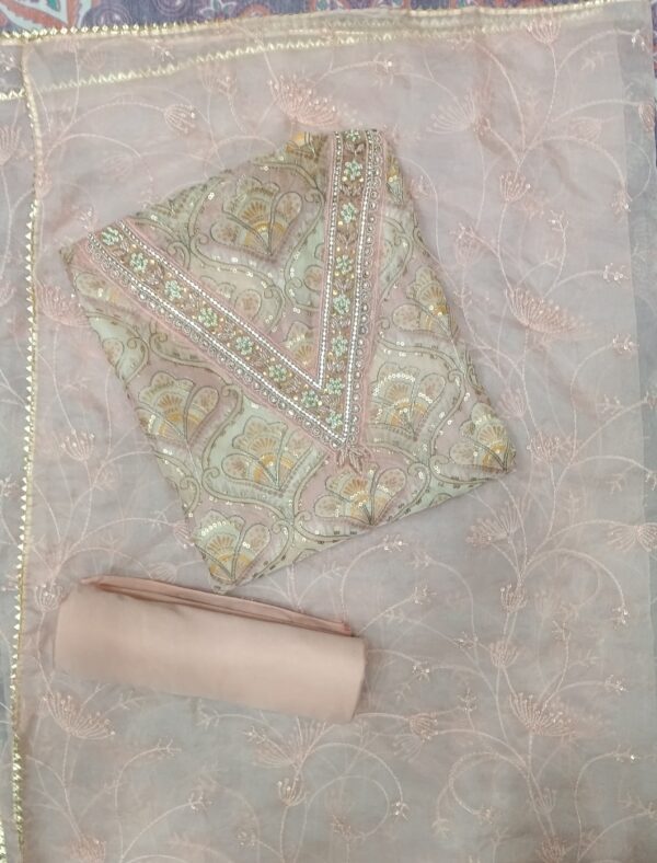 Premium grey organza embroidered dress material with matching embroidered organza dupatta.