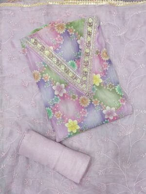 Premium lavender organza embroidered floral dress material with matching embroidered organza dupatta
