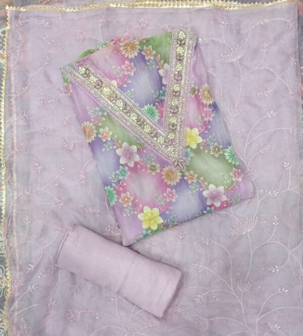 Premium lavender organza embroidered floral dress material with matching embroidered organza dupatta