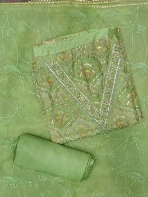 Premium sage green organza embroidered dress material with matching embroidered organza dupatta.
