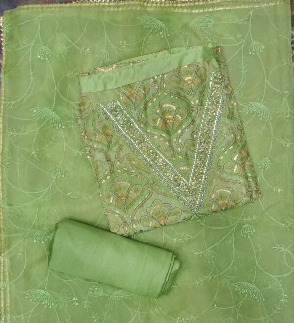 Premium sage green organza embroidered dress material with matching embroidered organza dupatta.