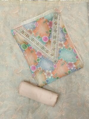 Premium Pastel Floral Organza Embroidery Dress Material with Matching Embroidered Organza Dupatta by Trends Designer Wear