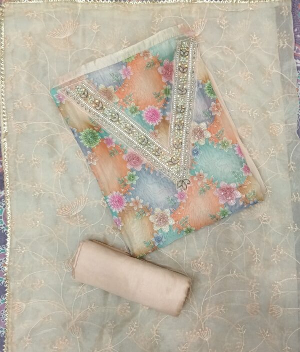 Premium Pastel Floral Organza Embroidery Dress Material with Matching Embroidered Organza Dupatta by Trends Designer Wear