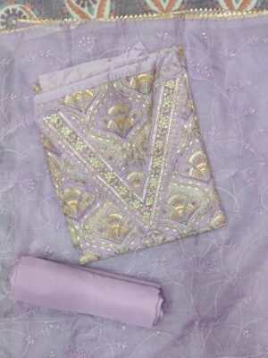 Premium lavender organza embroidered dress material with matching embroidered organza dupatta.