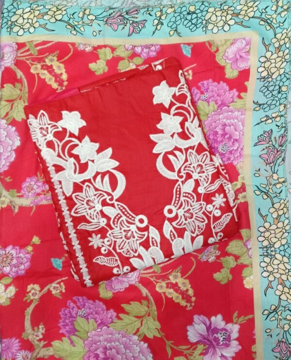 Premium Ruby Red Georgette Embroidered Dress Material with Printed Georgette Dupatta by Trends Designer Wear