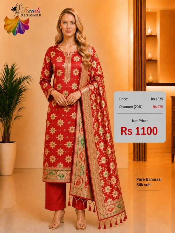 Pure Banarasi Silk Suit Ruby Red Designer Dress Material with Floral Banarasi Woven Dupatta