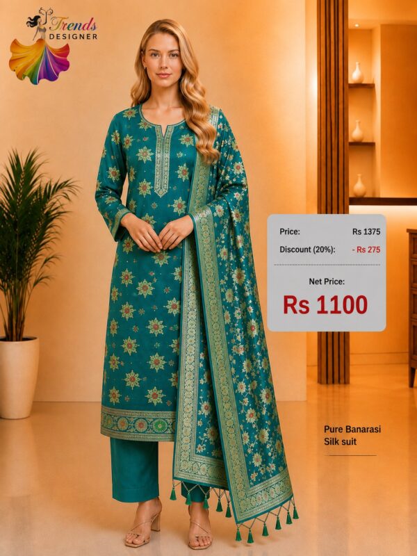 Pure Banarasi Silk Suit Teal Green Designer Dress Material with Banarasi Woven Dupatta