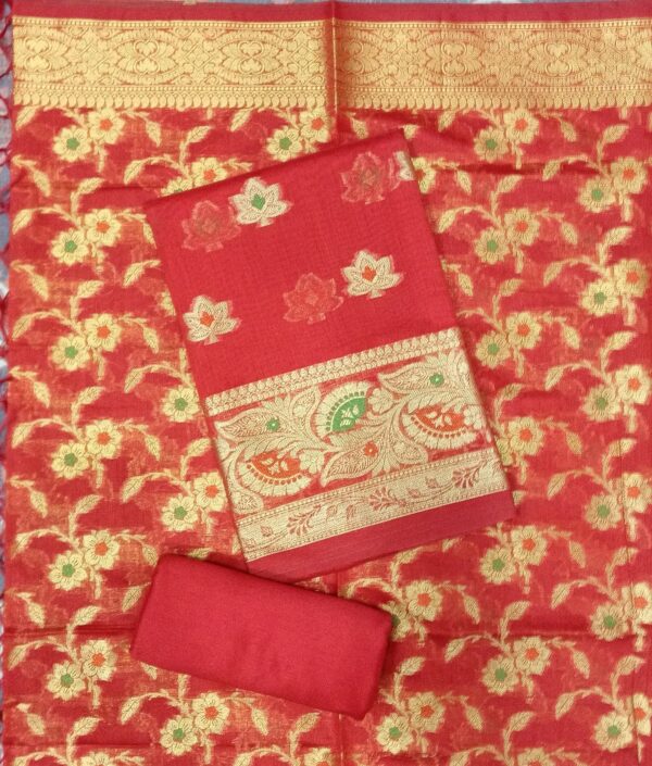 Pure Banarasi Silk Suit Ruby Red Designer Dress Material with Floral Banarasi Woven Dupatta